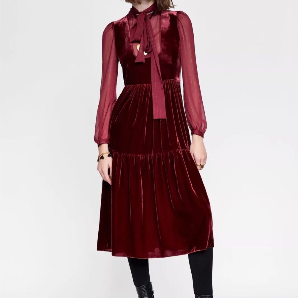 ZARA studio velvet effect dress burgundy size XS